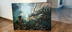Prodám obraz Drak s drakobijcem - olej na plátně 50x70cm - 1