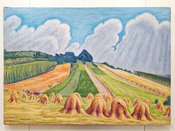 Obraz Švanda 1957 Žně u chmelnic, olej na plátně 58x82