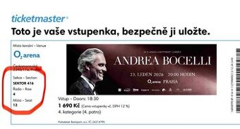 ANDREA BOCELLI - O2 Aréna - 23.1.2026 - 2 vstupenky