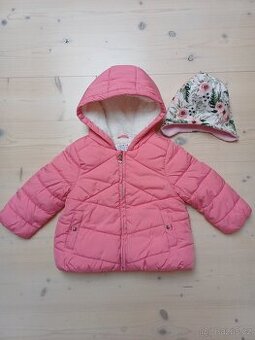 Zimní růžová bunda s kytičkovou čepičkou vel 92
