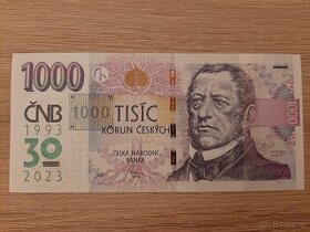 Bankovka 1000 Kč s přítiskem ČNB 2023 - 30 LET vhodný dárek