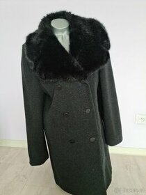 Černý kabát s kožešinou, vlna + kašmír, vel. 40 - 1