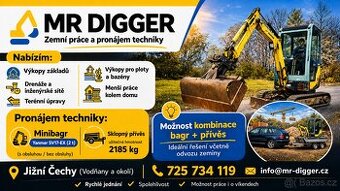 Minibagr k pronájmu + sklopný přívěs 2185 kg