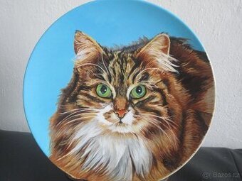 kočka - ruční malba-olejomalba na keramickém talíři