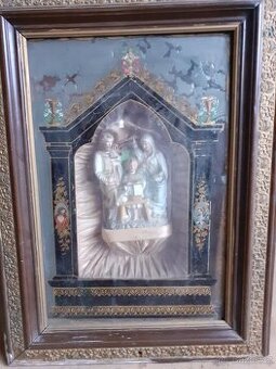 Starožitný  hrací  obraz, kaplička  se soškou
