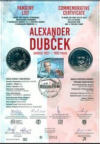 2021 PAL Dubcek 100 let numismaticky pamatny list