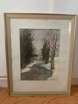 Obraz zimní krajina – akvarel ve skle, rám 60×47,5 cm