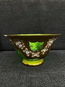 Ručně zdobená skleněná mísa na nožce – zlacená, květinový de - 1