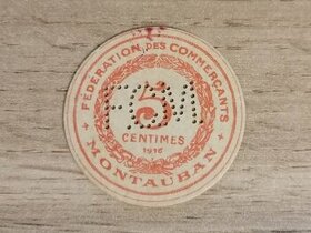 Vzácná válečná papírová mince 5 Centimes 1916 Francie Evropa - 1