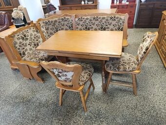Rustikální jídelní set, stůl, 2 židle, lavice, masív