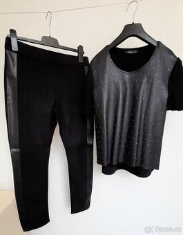 Set koženkové tričko se cvočky Zara a semišované kalhoty