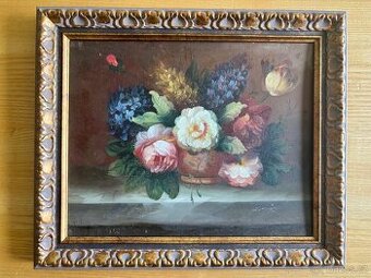 Obraz starožitný, Kytice olej na dřevě 25x30