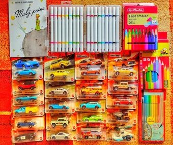 21x matchbox autíčka, pastelky, fixy, linery