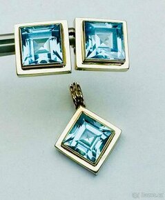14K ZLATÉ NÁUŠNICE A PŘÍVĚSEK S AQUAMARINEM