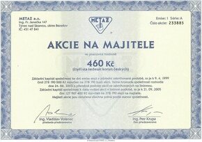 Listinná akcie původní spol. METAZ a.s. (neplatná)