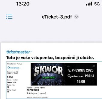 Škwor O2 5. 12.  - 1 vstupenka na sezeni, snizena  cena.