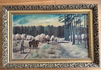 Obraz Koňe v lese, originální olejomalba na desce, 110x60