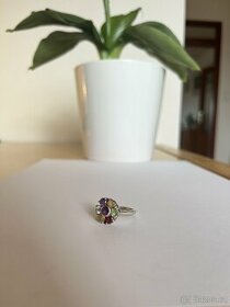 stříbrný prsten s barevnými kameny - květina - 1