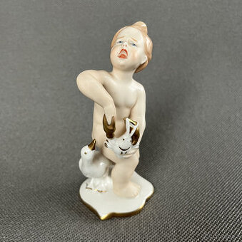 Soška Putti s lobsterem a husou 14 cm, AK Kaiser