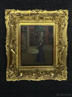 Starý olej na desce – Dáma v interiéru | cca 1900 | bohatě z