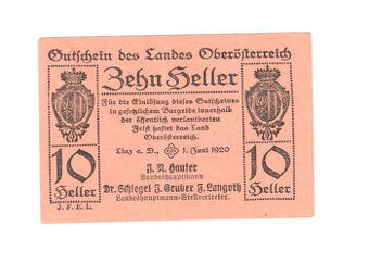 Nouzová bankovka 10 Heller Oberösterreich, 1920