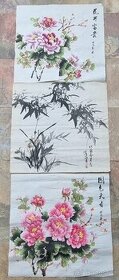 Originální čínská tušová malba pivoňky a bambusy 3 ks
