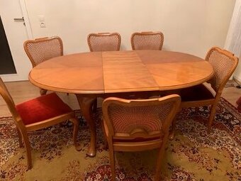 Stůl oválný jídelní, rozkládací a 6 židlí - masiv