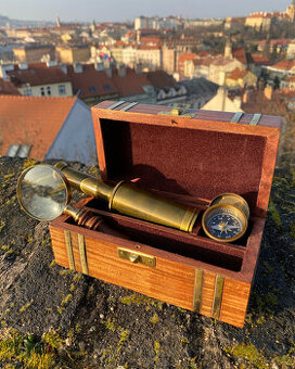 Námořní sada mosaz dalekohled lupa kompas dřevěná kazeta dár