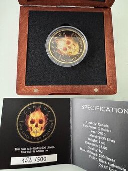 1 oz stříbrná mince 2015, Canada, 24 kt gold - 500 ks