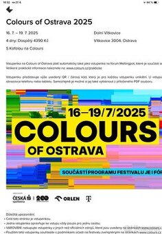 Prodám 2 celofestivalové lístky na Colours of Ostrava 2025