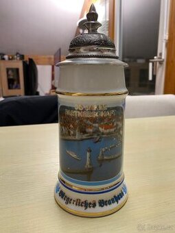 Pivní půllitr porcelanový s cínovou pokličkou