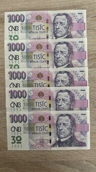 SADA 5× 1000 Kč s přítiskem ČNB, UNC, série M16, POSTUPKA