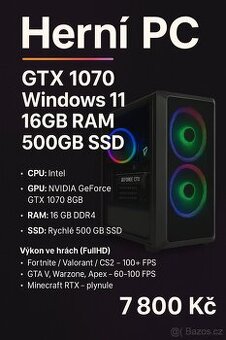 Prodám herní počítač I7, GTX 1070, 16GB RAM, 500GB SSD