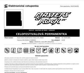 Prodám celofestivalovou vstupenku na Masters of Rock 2025