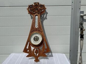 Starožitný velký dřevěný barometr s teploměrem