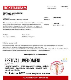 1 Vstupenka Festival uvědomění ve Svojšicích u Pardubic