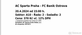 1 vstupenka Sparta Praha x Baník Ostrava 20.4