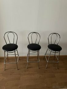 Barové židle chrom, černá kůže 3 kusy