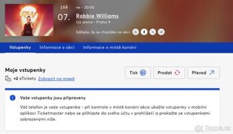 2 Vstupenky na koncert Robbie Williams 7.9. 2025 O2 Aréna
