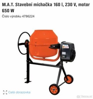 Prodám M.A.T. Stavební míchačka 160 l, 230 V, motor 650 W