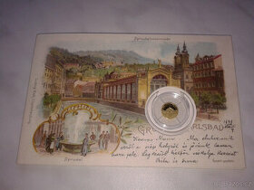 Dobová pohlednice se zlatou minci Karlovy Vary