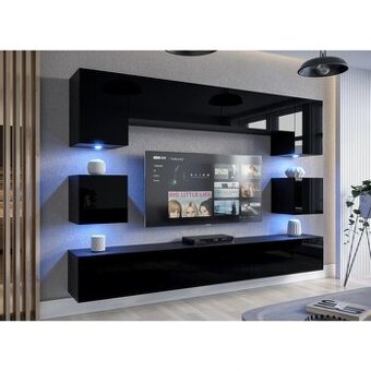 Prodám obývací stěnu ARIZONA – černý lesk / dekor dřeva