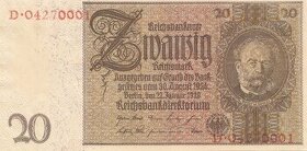 20 Reichsmark 1929, Válečné vydání,platná na našem území. St