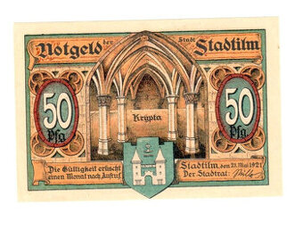 Nouzová bankovka 50 Pfennig Stadtilm, Německo 1921