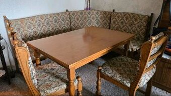 Lavice rohová, rozkládací jídelní stůl a 2 židle