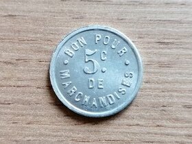 Lokální nouzová francouzská mince 5 Centimes 1922 Ruffec
