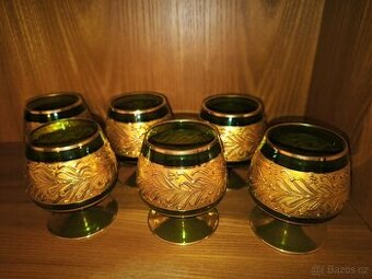 Sada 6 sklenic ze zeleného skla se zlacením