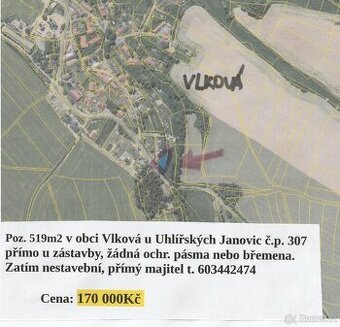 Poz. 519m2 ve Vlkové u Uhl. Janovic 72 km v. od Prahy