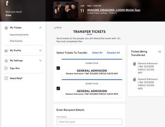 2x Imagine Dragons 11.6. Golden Circle, Ticketmaster