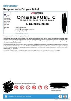 4x vstupenka OneRepublic – Escape to Europe 2025, Praha O2 A
